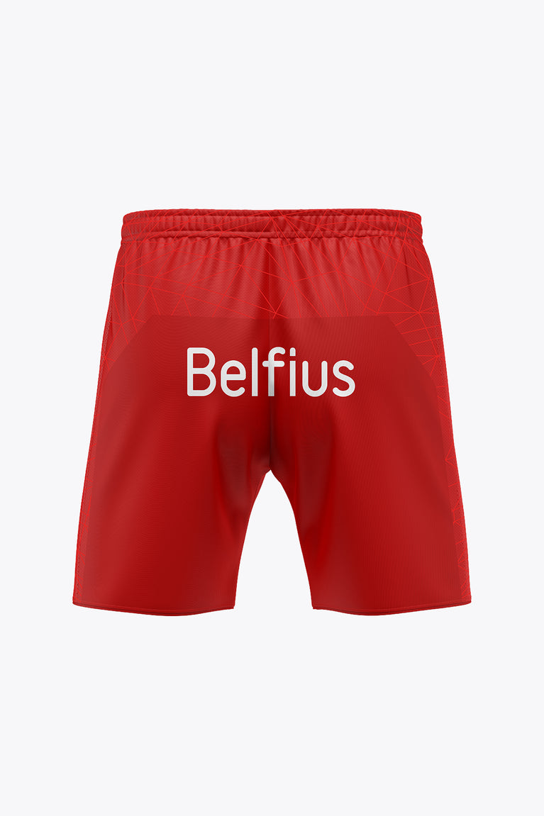 Men's red Belgium football shorts with Belfius logo on front