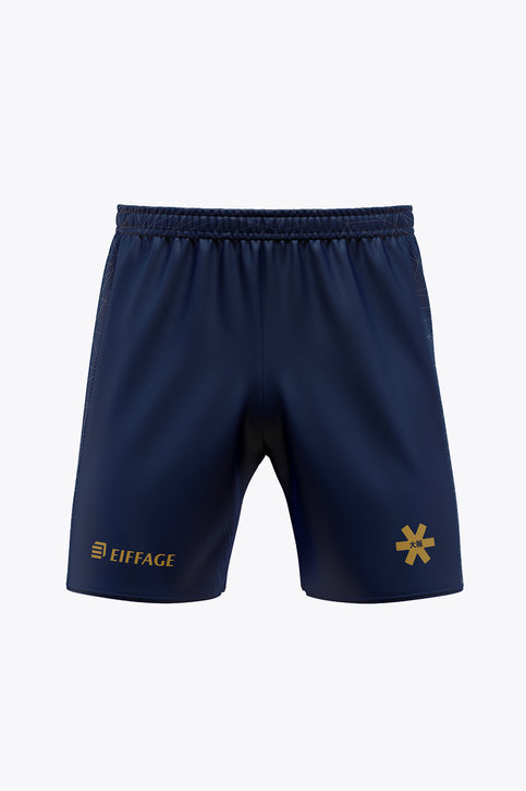 Navy men's soccer shorts with elastic waistband and Eiffage logo at hem