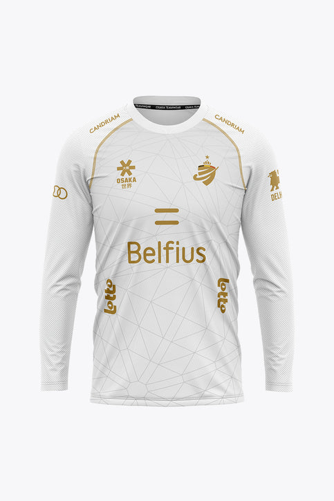 White long-sleeve goalkeeper jersey with geometric pattern and Belfius front graphic
