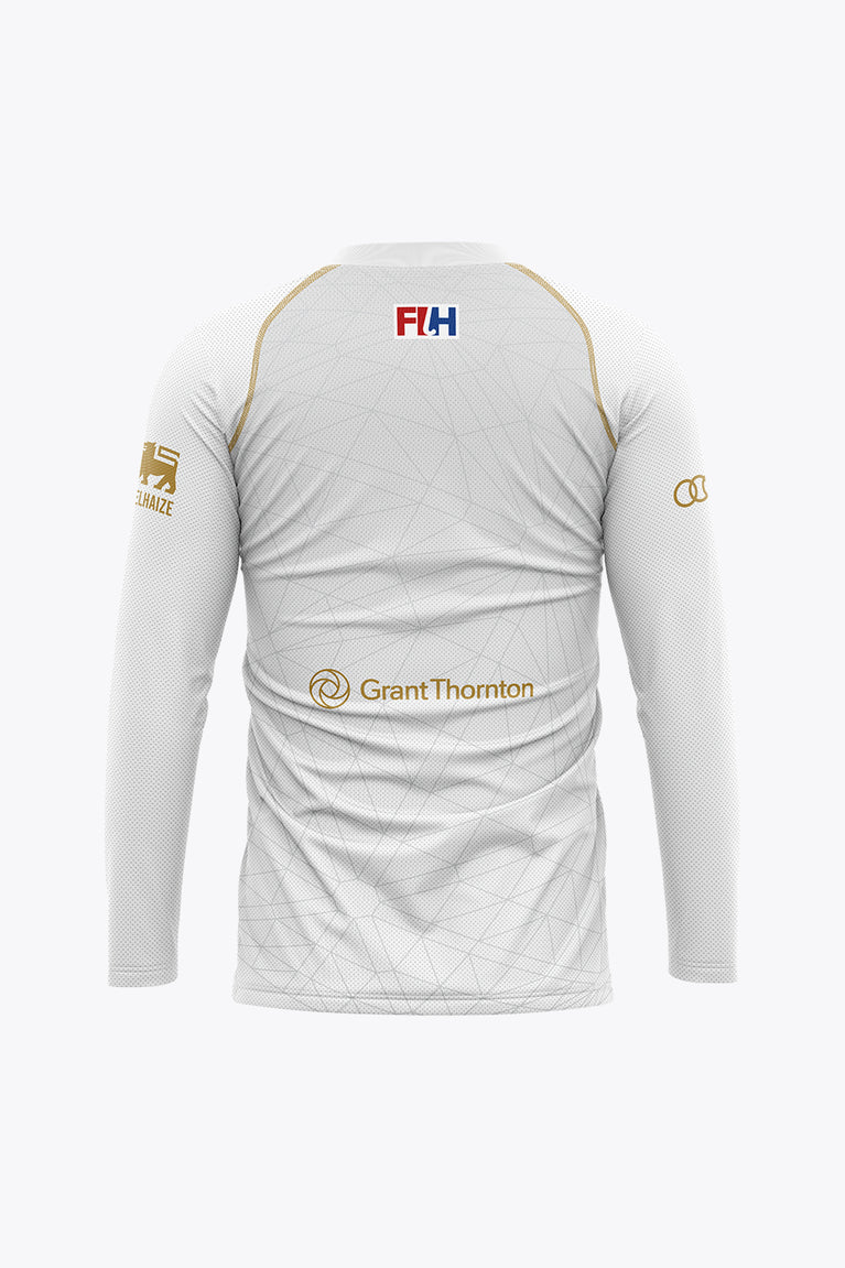 White long-sleeve goalkeeper jersey back with Grant Thornton sponsor and FLH logo