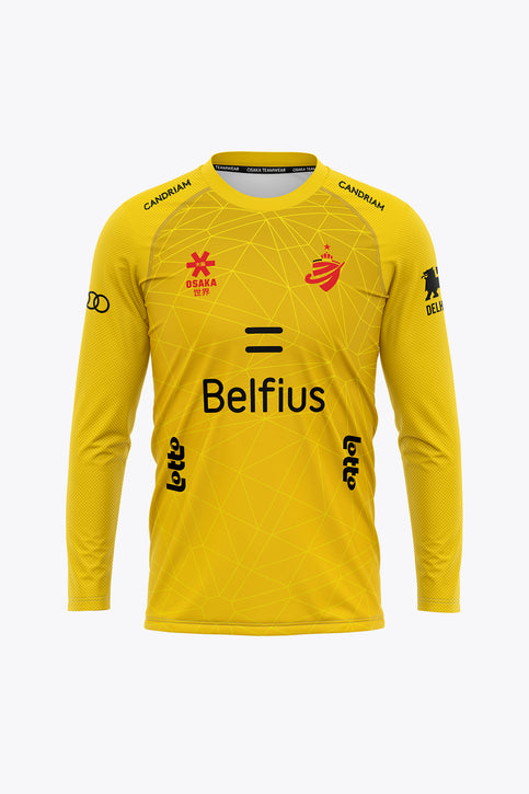 Women's yellow goalkeeper long-sleeve jersey with crew neck and front sponsor graphics
