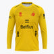 Women's yellow goalkeeper long-sleeve jersey with crew neck and front sponsor graphics