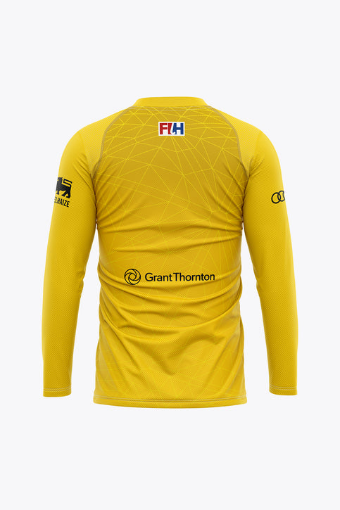 Women's yellow goalkeeper long-sleeve jersey with crew neck and front sponsor graphics