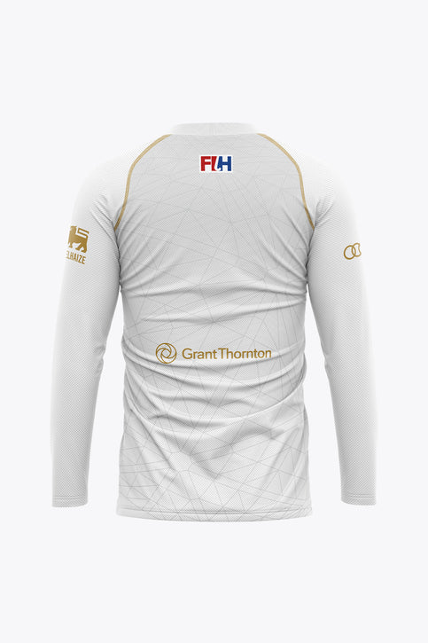White long-sleeve goalkeeper jersey with gold graphics and sponsor logos