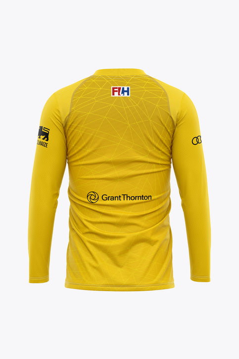 Yellow goalkeeper long-sleeve jersey with front sponsor logos and team crest
