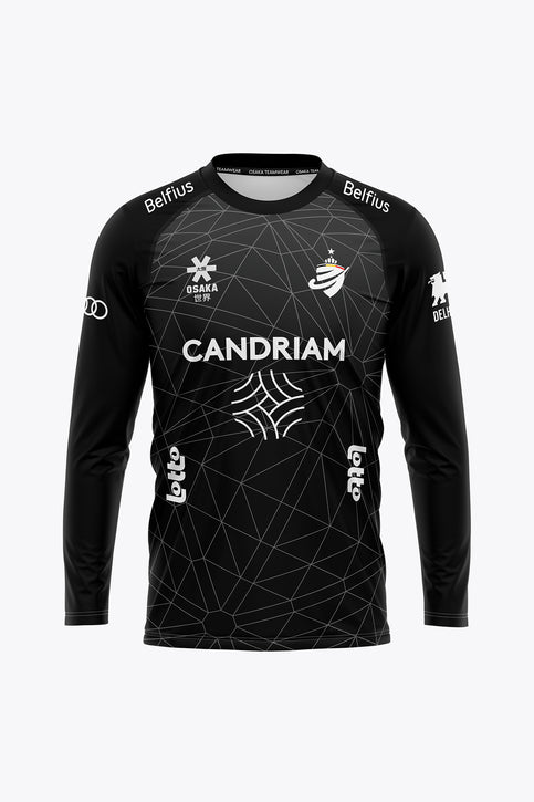 Women’s black long-sleeve goalkeeper jersey, crew neck, geometric graphic and sponsor logos