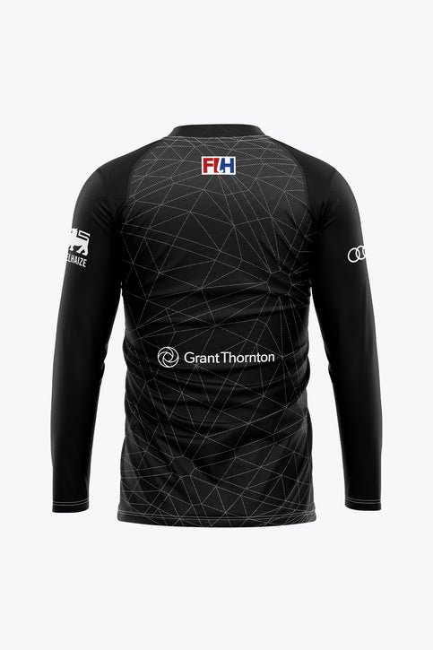 Women’s black long-sleeve goalkeeper jersey, crew neck, geometric graphic and sponsor logos