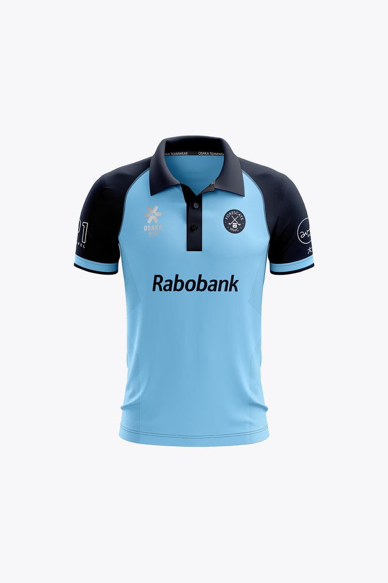 Kids polo jersey, light blue with navy collar and dark sleeve trims, front logo and Rabobank