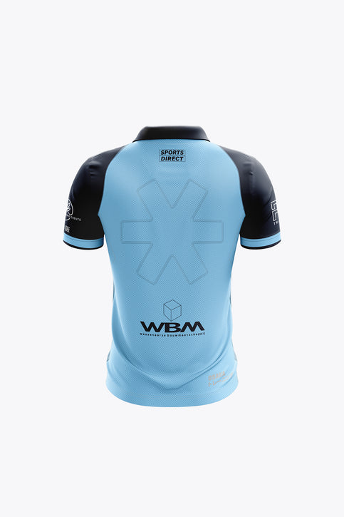 Kids polo jersey, light blue with navy collar and dark sleeve trims, front logo and Rabobank