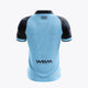 Kids polo jersey back view, light blue with navy sleeve trim, WBNA logo and geometric marks