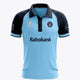 Light blue women's polo jersey with navy collar, button placket, dark sleeve panels.