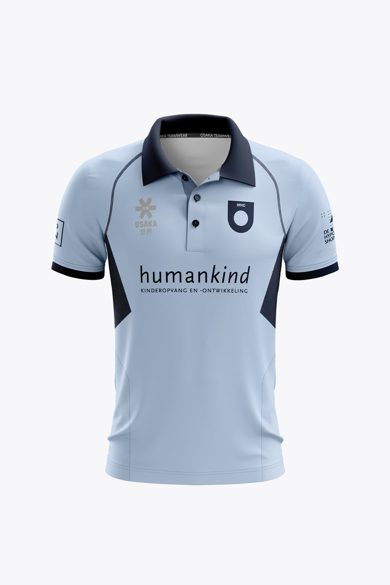 Men's sky blue polo jersey with dark collar, button placket, front sponsor logos