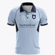 Men's sky blue polo jersey with dark collar, button placket, front sponsor logos