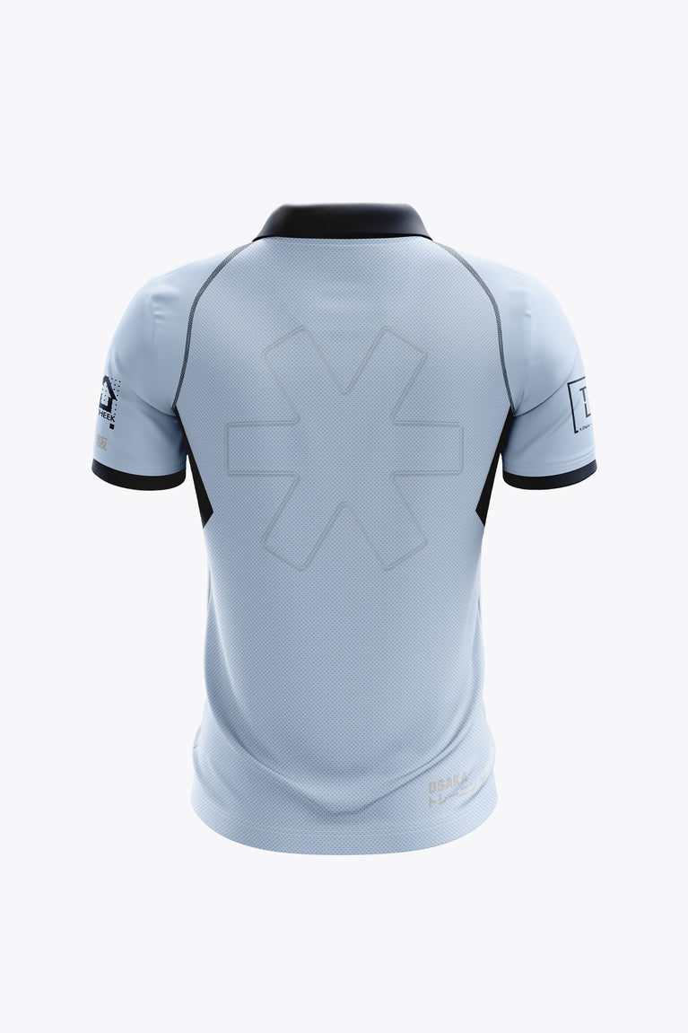 Men's sky blue polo jersey back view with dark collar and large star graphic
