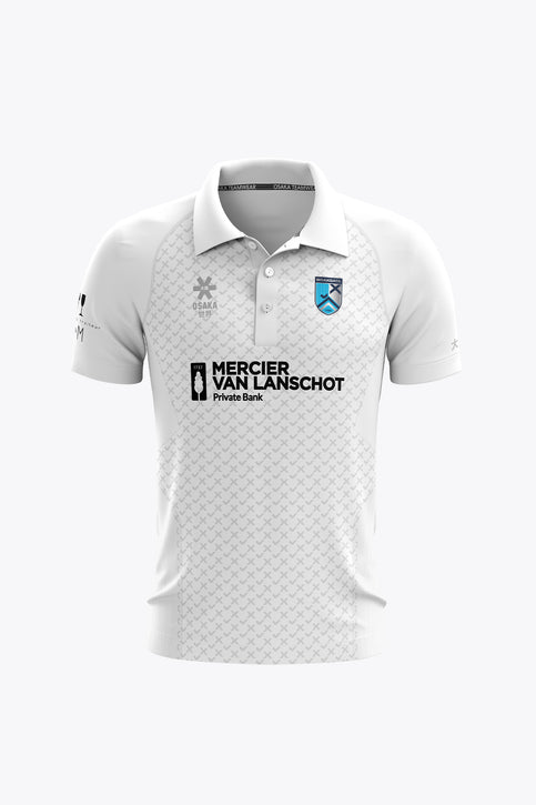 Women's white polo jersey with button placket and front crest logo