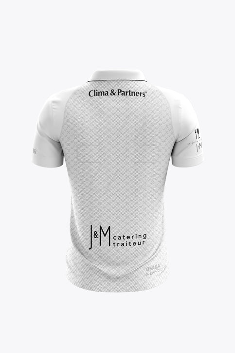 Women's white polo jersey with button placket and front crest logo