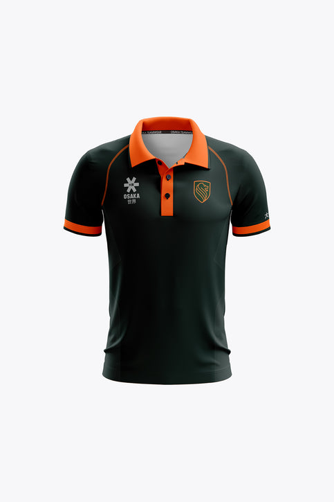 Kids dark green polo jersey with orange collar, placket, and sleeve trim