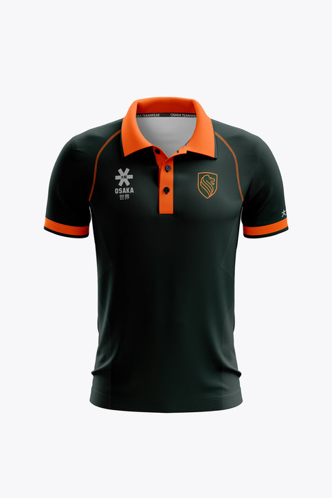 Dark green women's polo jersey with orange collar, button placket, and front logos