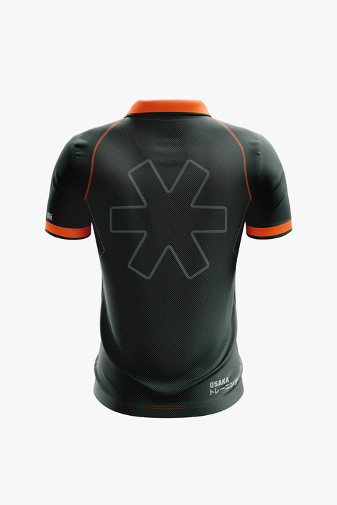 Dark green women's polo jersey with orange collar, button placket, and front logos