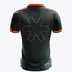Dark green women's polo jersey with orange collar trim and back graphic