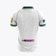 De Hopbel kids polo jersey in white with green collar and sleeve stripes; back graphic print.