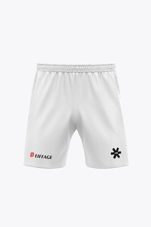 White kids soccer shorts with elastic waistband, EIFFAGE logo and dark emblem