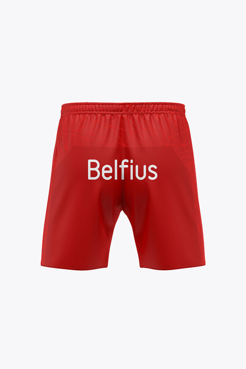 Red kids sports shorts with elastic waistband and side logos