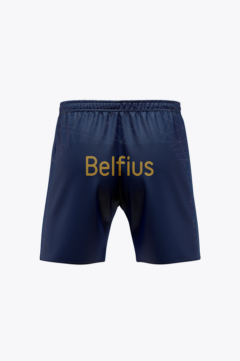 Kids navy sports shorts with elastic waist and crest logos