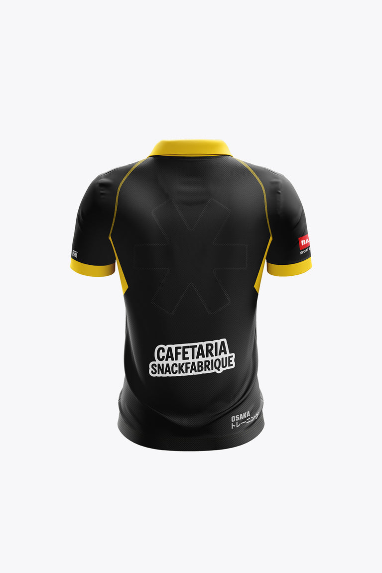 Kids' black polo jersey with yellow sleeve trim and back sponsor logo