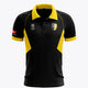 Women’s black polo jersey with yellow collar and sleeve trim, front logo patches