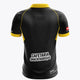 Women’s black polo jersey back view, yellow collar and trim, sponsor text and crest