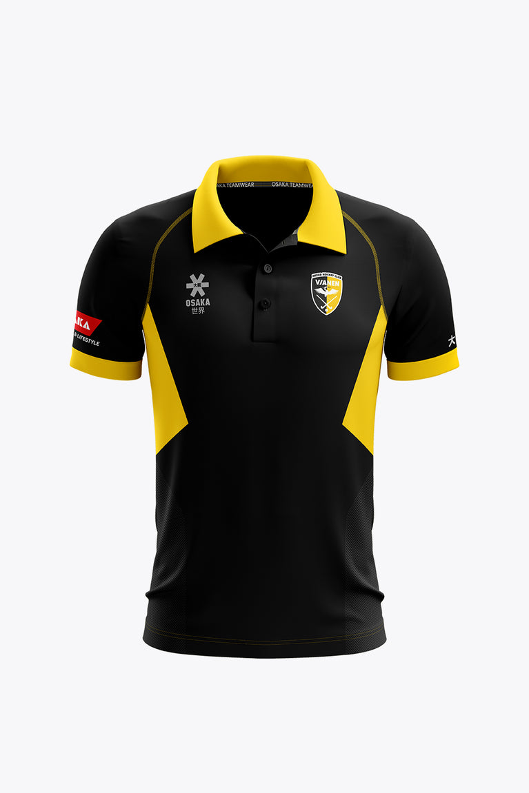 Men's black polo jersey with yellow collar and sleeve trim, front chest crest