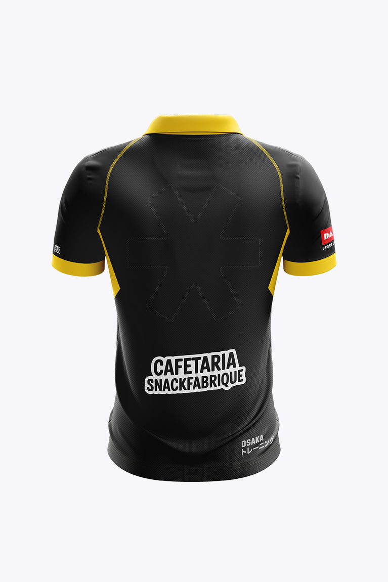 Men's black polo jersey with yellow back collar trim and large sponsor text print