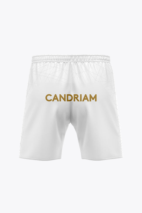 White goalkeeper soccer shorts with Eiffage logo and emblem on hem