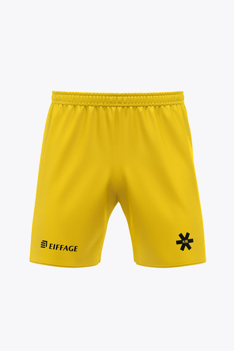 Yellow goalkeeper shorts with EIFAGE logo and black sponsor detail
