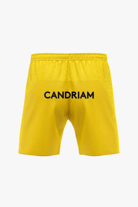 Yellow goalkeeper shorts with EIFAGE logo and black sponsor detail