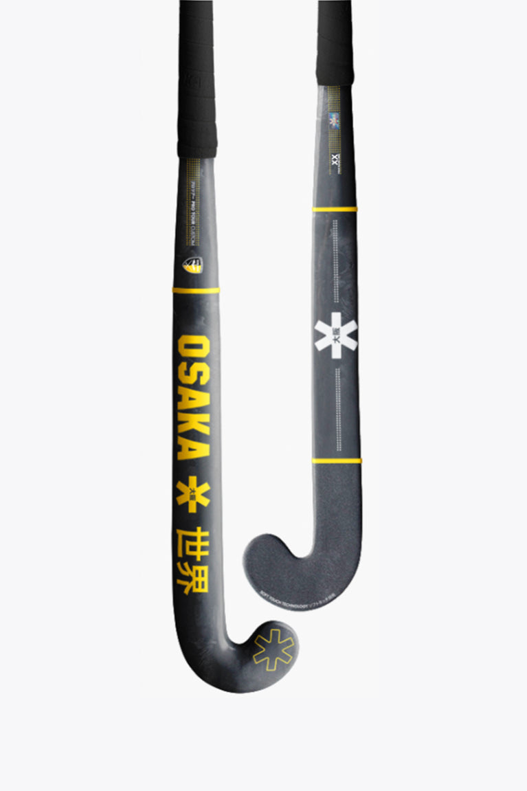 Ice hockey stick blade with black curved end, gray shaft, yellow lines and graphics