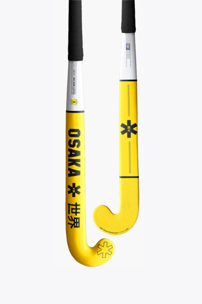 Hockey stick, white shaft with printed marks and yellow hooked blade