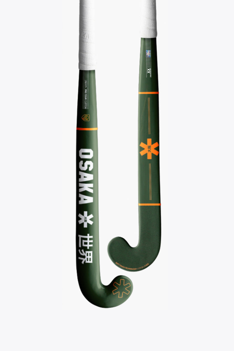Dark green hockey stick with large white blade text and orange star marks on shaft.