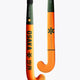 Orange ice hockey stick with green shaft, black grip, and bold star-style graphics