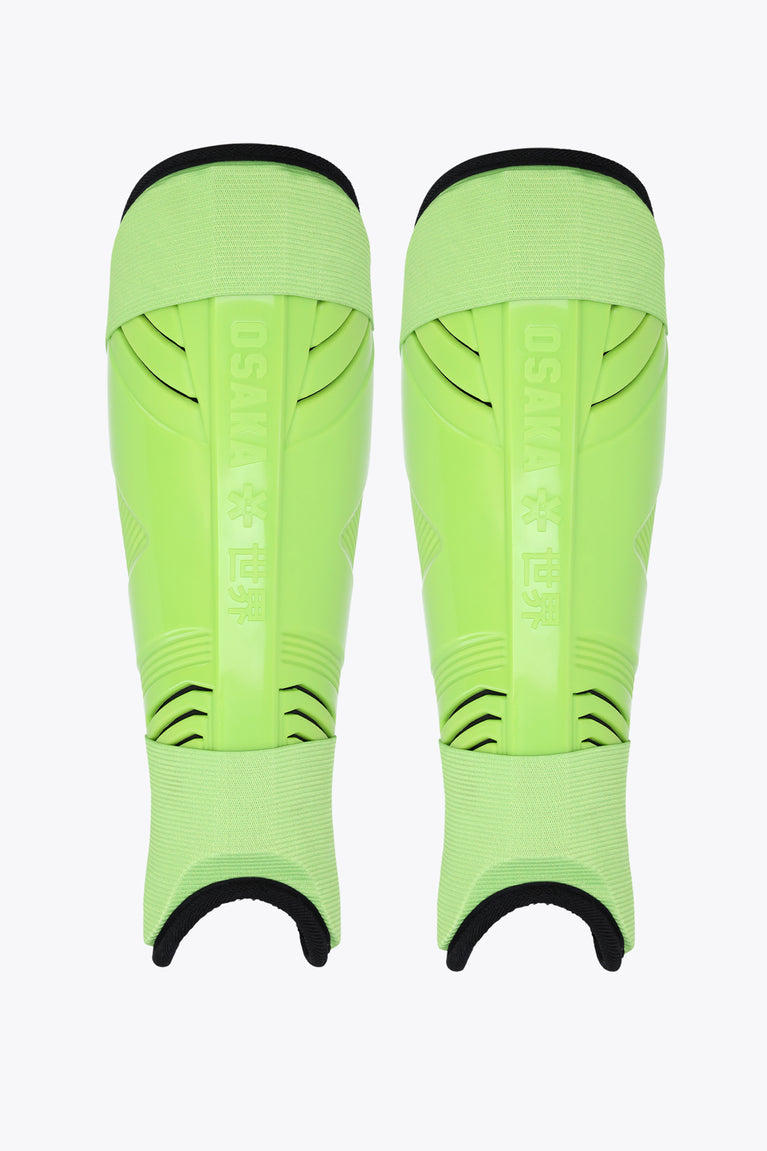Osaka hockey shin guard in wild lime with black bottom and ankle strap