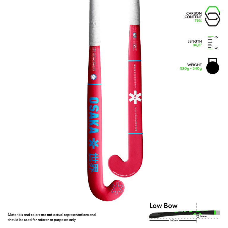 Red hockey stick with blue vertical text and white star symbols, curved blade