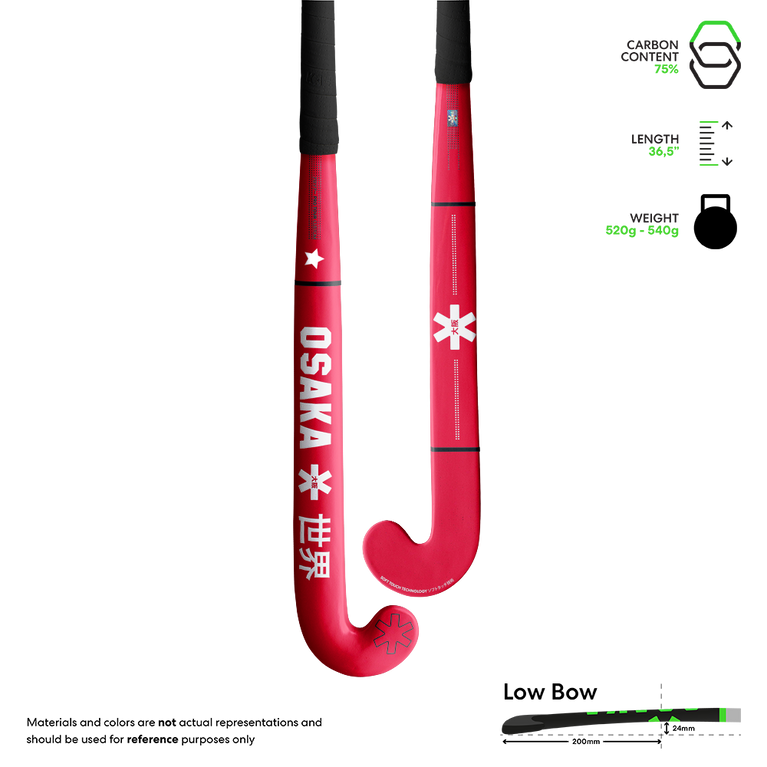 Red hockey stick with white star graphics on curved blade and shaft