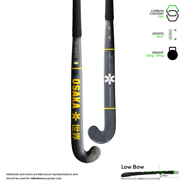 Hockey stick with black and gray shaft, curved blade, yellow accents and logos
