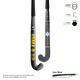 Hockey stick with black and gray shaft, curved blade, yellow accents and logos