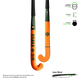 Orange ice hockey stick with green shaft and black grip, curved blade tip
