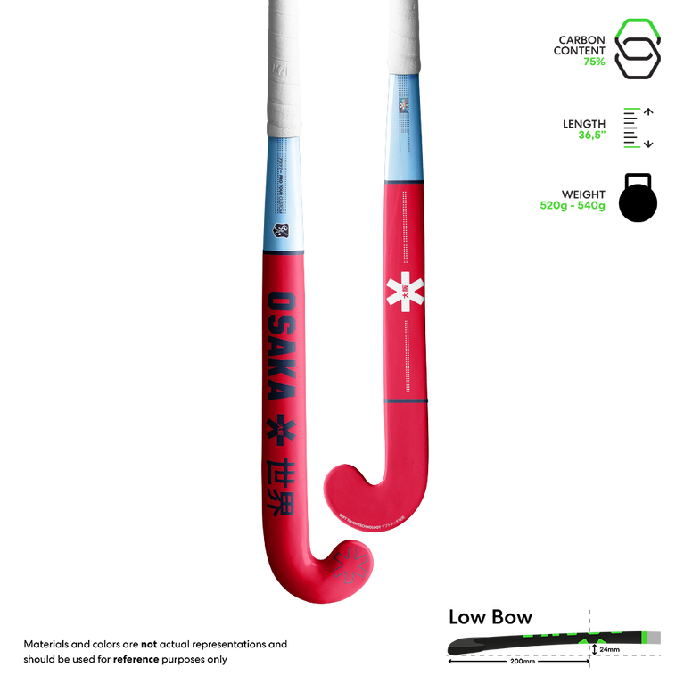 Red and blue hockey stick blade with curved hook and printed shaft