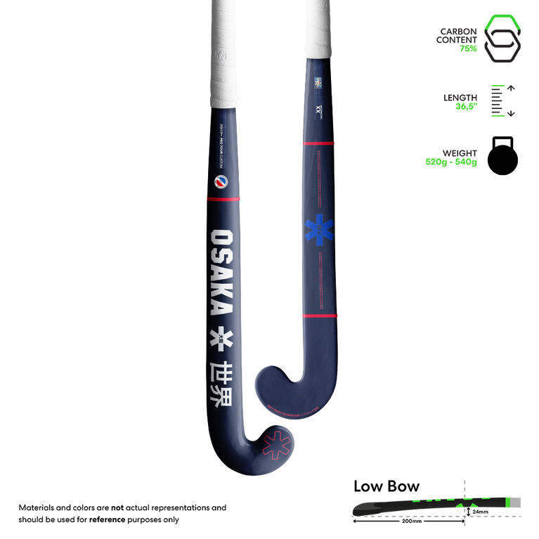 Dark blue hockey stick with red lines and blue star symbols on the blade