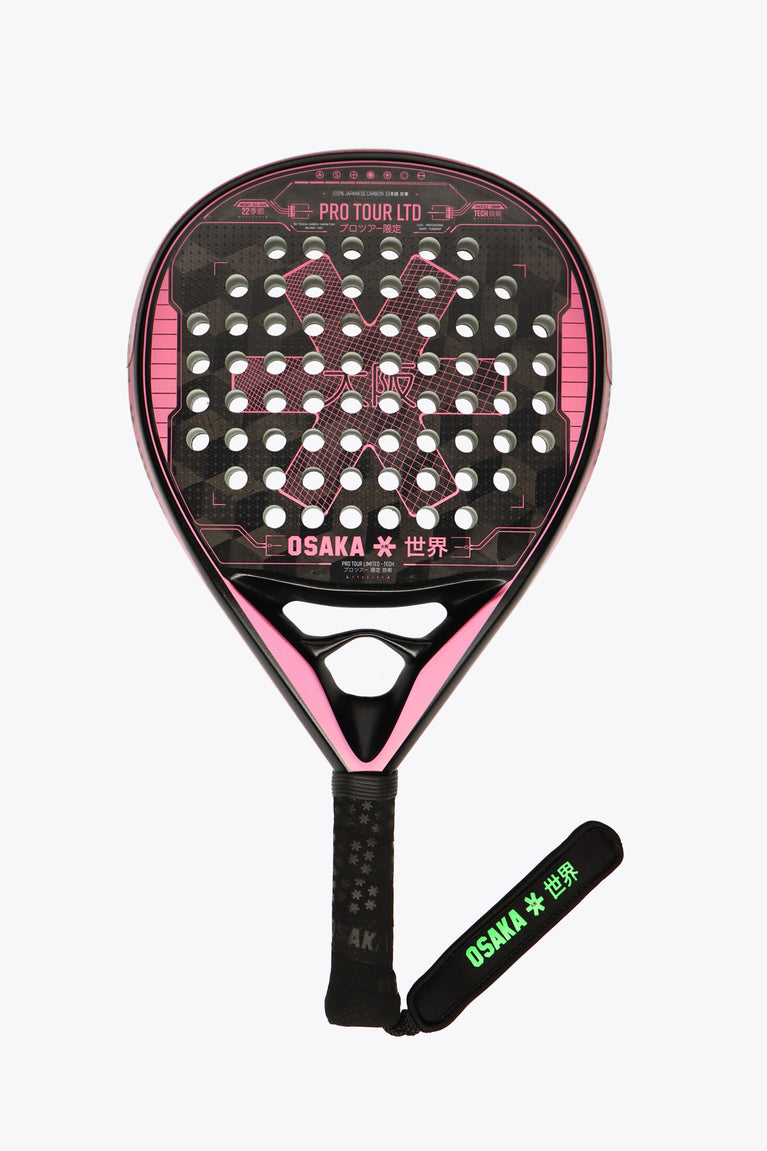 Black with pink accents Pro Tour LTD Padel Racket Tech, made with a technical teardrop shaped racket for high skill, smaller sweetspot for higher agility, precision and much more power, for a higher playability. Front view
