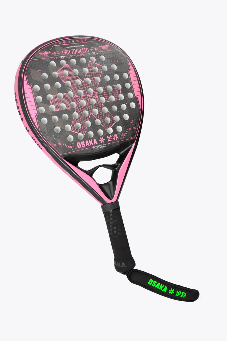 Black with pink accents Pro Tour LTD Padel Racket Tech, made with a technical teardrop shaped racket for high skill, smaller sweetspot for higher agility, precision and much more power, for a higher playability. Front left view